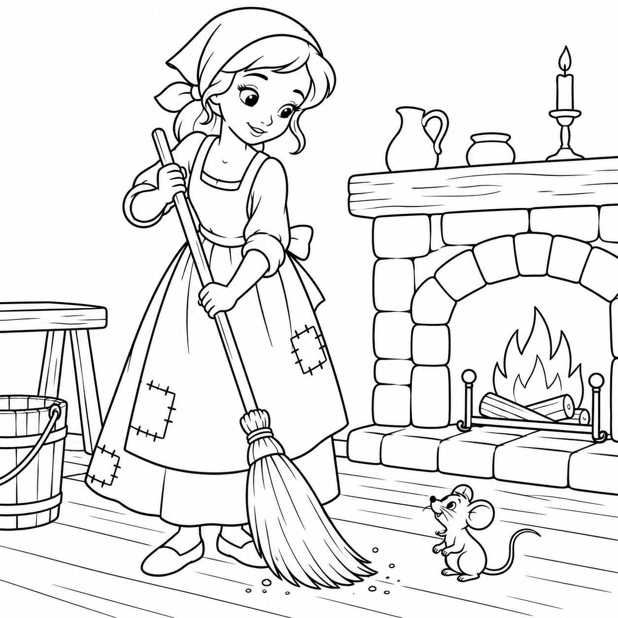 The Kind Young Girl Sweeping coloring page with a young girl in a patched dress holding a broom and a little mouse